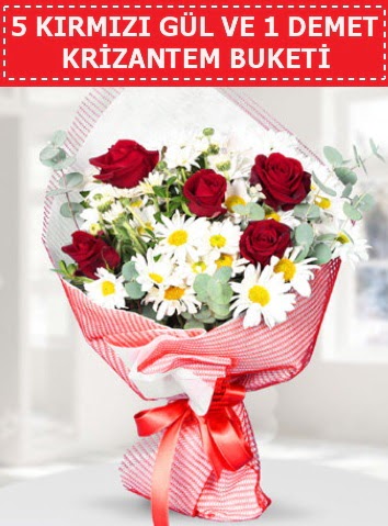 5 adet kırmızı gül ve krizantem buketi  Bilecik çiçekçi çiçek satışı 